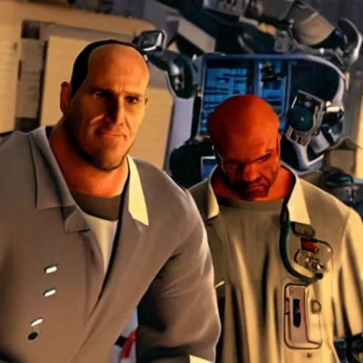 Image similar to a still from the movie armageddon crossover with the game surgeon simulator