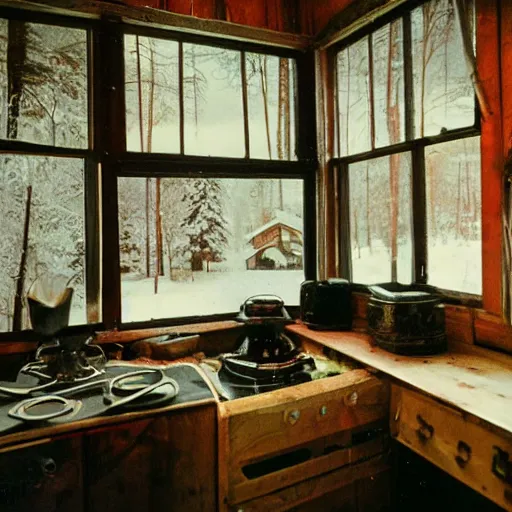 Image similar to interior view of a cabin at night with stovetop, a snowglobe neighbourhood is on top of a wood table, ektachrome photograph, f8 aperture