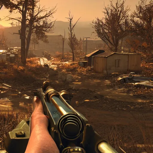 Image similar to screenshot of fallout 5, ultra realistic!!!, golden hour, sharp focus