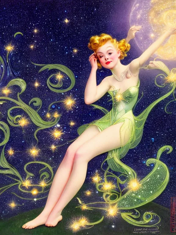 Image similar to elle fanning as tinkerbell glowing, a beautiful art nouveau portrait by Gil elvgren and Hajime Sorayama, moonlit starry sky environment, centered composition, defined features, golden ratio, gold jewlery, photorealistic professionals lighting, cinematic, sheer