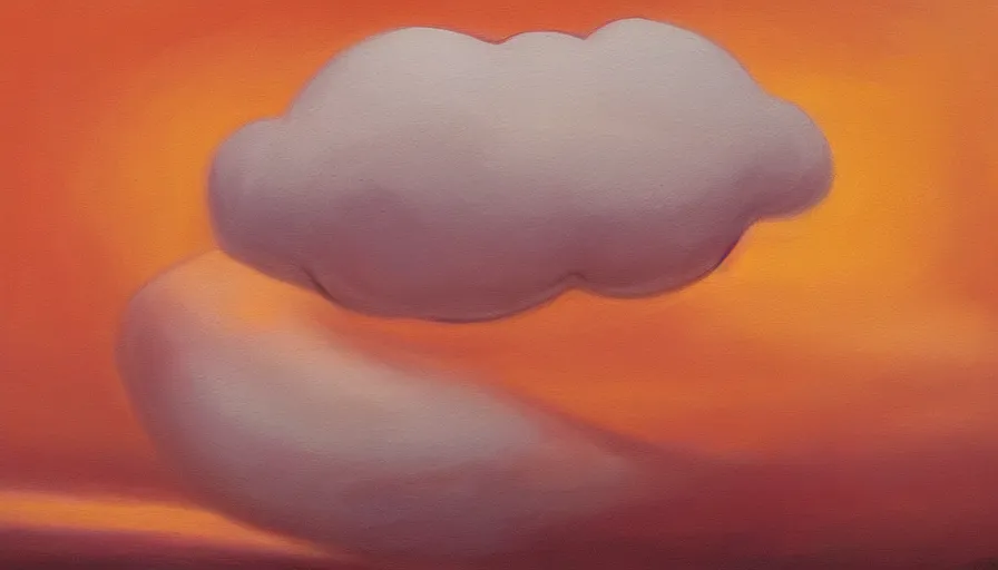 Prompt: painting of a beautiful curvy woman who looks like a cloud, realistic, detailed, orange / pink sky, dreamy