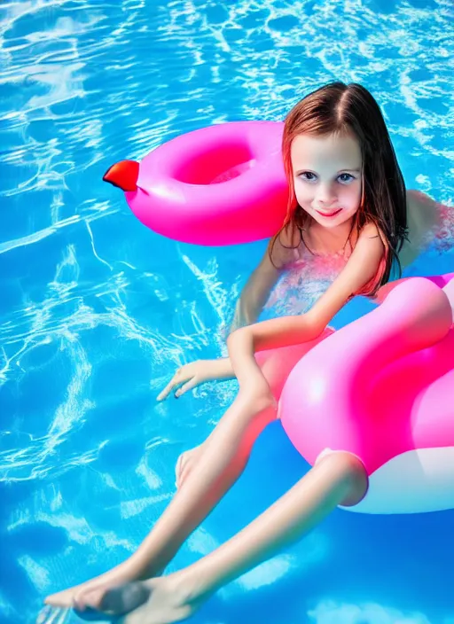 Prompt: photo of a young girl in a swimming pool with an inflatable flamingo, photo realistic, s, 8 k high definition, intricate, elegant