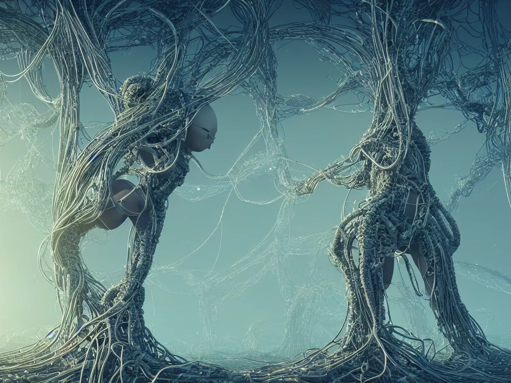 Image similar to a centered render of an goddess entangled in an alien bio - organic landscape adorned with thick cables and synthesizer parts is surrounded by sacred geometry, fat bio - mech tree roots, powerful, cinematic, beautifully lit, by beeple, by h. r. giger, 3 d, trending on artstation, octane render, 8 k