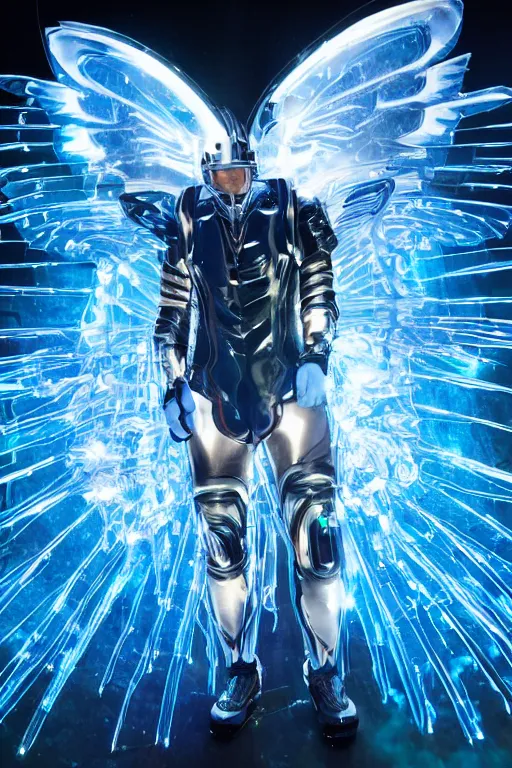 Image similar to full body celestial confident man in futuristic armor, blue glowing double Hummingbird wings, floating in air, beautiful lighting, comic book style