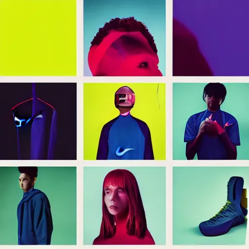 Image similar to nike lookbook campaign in the style of tyler mitchel, blue rays, redshift, wide shot, coloured polaroid photograph, pastel, kodak film, hyper real, stunning moody cinematography, by maripol, fallen angels by wong kar - wai, 3 5 mm, style of suspiria and neon demon, david hockney, detailed, film photography