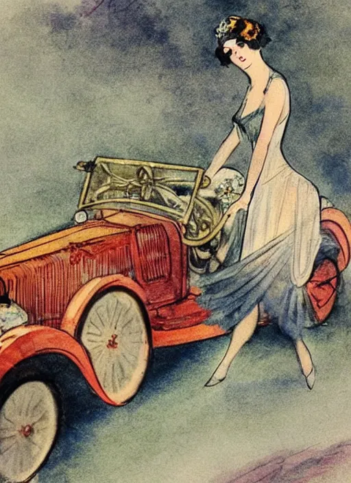 Prompt: Louis Icart, an old elaborate colored drawing of a woman posing eloquently in front of a 1920's car, wearing flowing dress, by Louis Icart, highly detailed, masterpiece