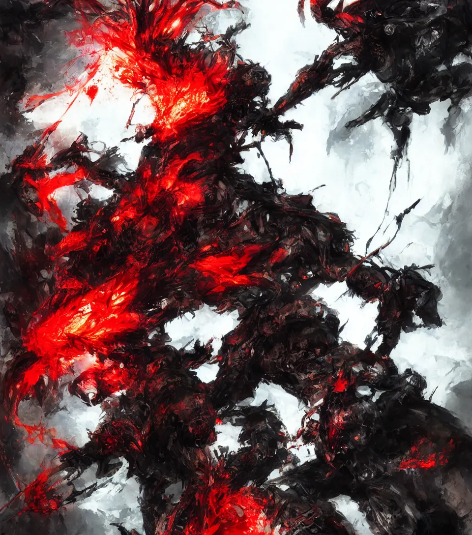 Prompt: lone demonic ninja in hell, red flames, collaborative artwork by yoshikita amano, ruan jia, yoji shinkawa, trending on artstation, very very detailed, beautiful, amazing quality, breathtaking artwork