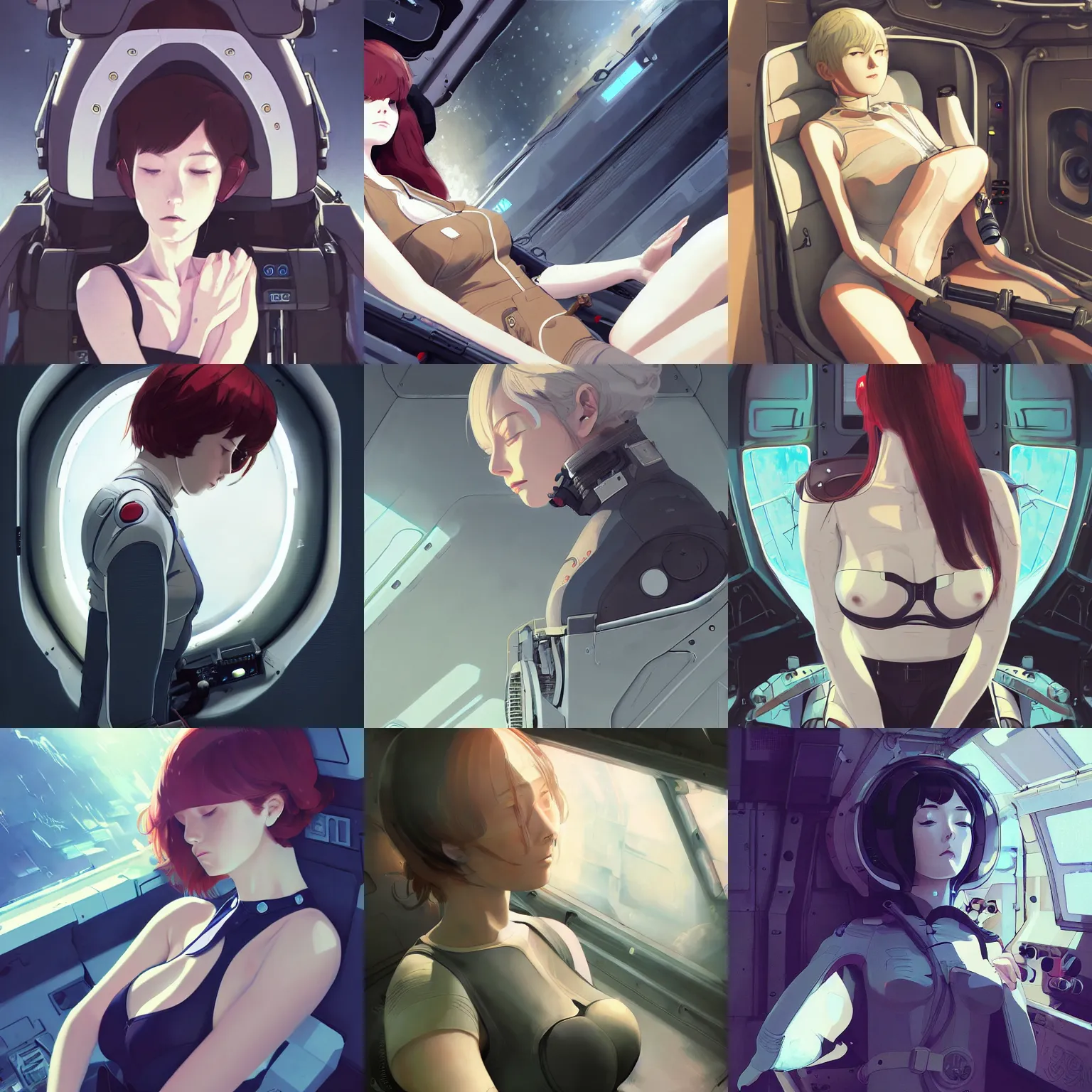 Prompt: woman wearing a bodysuit sleeping in a mech cockpit, finely illustrated face, highly detailed, digital painting, studio ghibli key visual, in the style of ilya kuvshinov and krenz cushart and akihiko yoshida