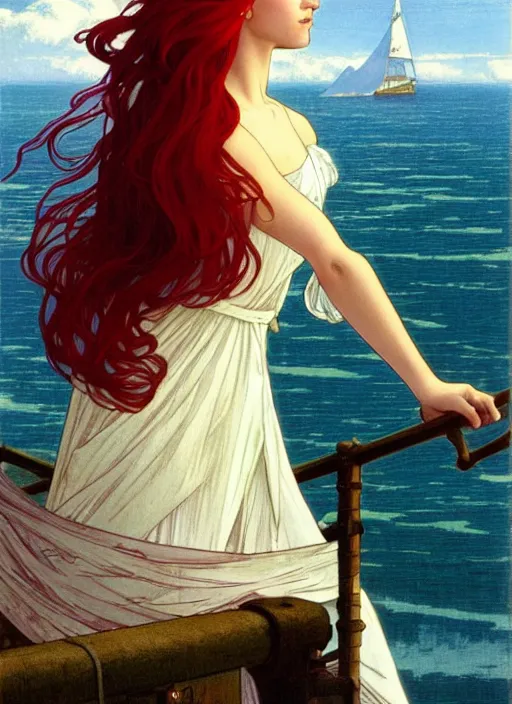 Prompt: a pretty young alicia vikander with long red hair blowing in the wind is leaning on the rail of a sailing ship, looking out to sea, path traced, highly detailed, high quality, digital painting, by studio ghibli and alphonse mucha, ron cobb, leesha hannigan, hidari, art nouveau, chiho aoshima, jules bastien - lepage