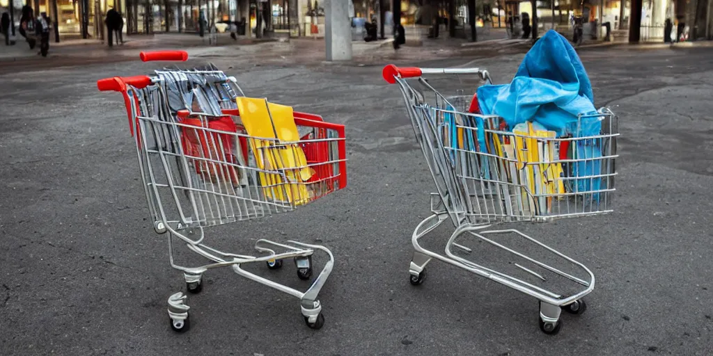 Image similar to a homeless person's shopping cart filled with dirty belongings, photorealistic