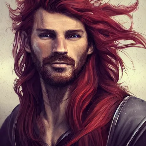 Image similar to portrait of a ruggedly handsome!!!!! male ship captain with long red hair!!!!!!, 30 years old, upper body, wavey hair, muscular, friendly, playful, D&D, hairworks, Unreal 4, fantasy, elegant, highly detailed, digital painting, hairworks, deviantart, artstation, concept art, sharp focus, dramatic lighting, illustration, art by Artgerm and Greg Rutkowski and Alphonse Mucha