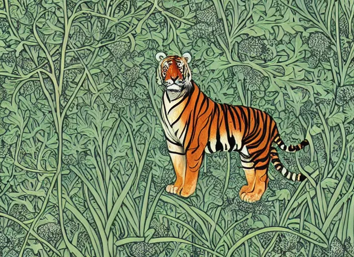 Prompt: a tiger in the centella asiatica in android jones and william morris style