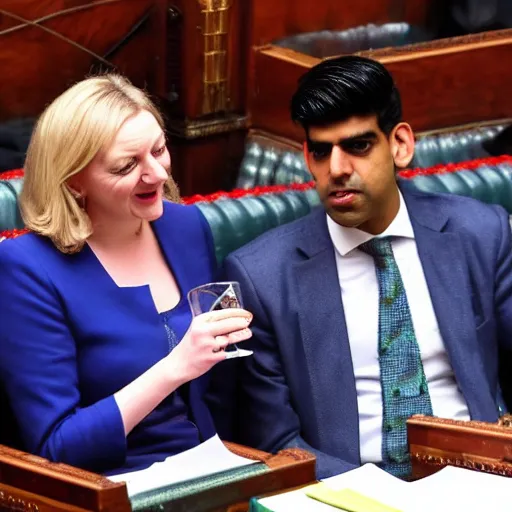 Prompt: Liz truss and Rishi sunak at parliament drinking barrells of oil. Daily Telegraph.