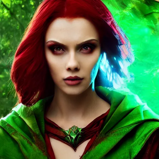 Image similar to a beautiful dnd sorceress with straight red hair a triangular face green eyes and tan skin wearing a green cloak, high resolution film still, 8k, HDR colors, prominent cheeks, makeup