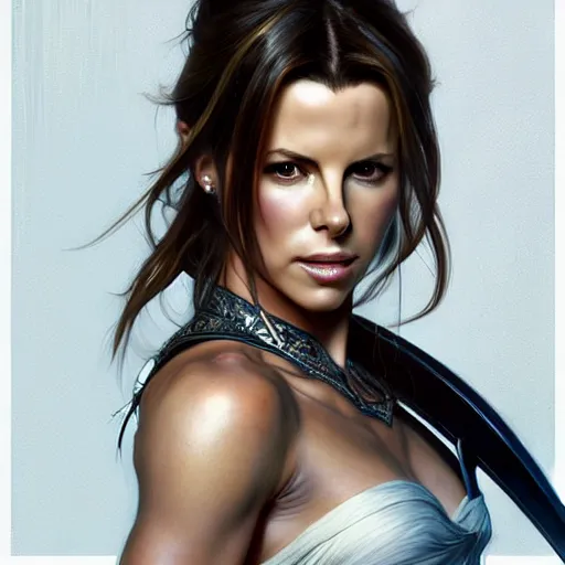 Prompt: a portrait of kate beckinsale as katana girl, upper half portrait, urban motifs, intricate, elegant, highly detailed, digital painting, trending on artstation, concept art, smooth sharp focus, illustration, art by artgerm and greg rutkowski alphonse mucha 8 k