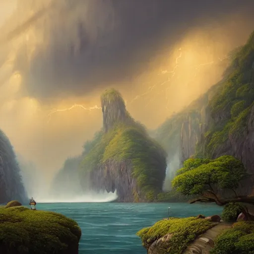 Image similar to Beautiful hyperrealistic detailed matte painting of a Landscape with a view of the river in the Rock Gorge of Love on the Lost Vibes and uncontrolled darkness in distant background, summer, thunderstorm, by andreas rocha and john howe, and Martin Johnson Heade, featured on artstation, featured on behance, golden ratio, ultrawide angle, f32, well composed, cohesive