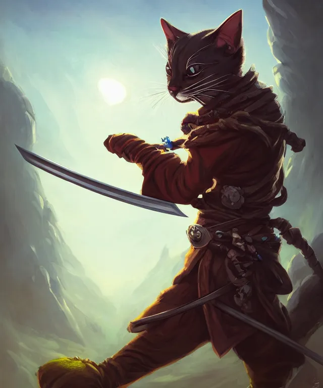 Prompt: anthropomorphic cat ninja, ninja outfit, holding a katana, standing in a beautiful landscape, cute and adorable, dnd character art portrait, matte fantasy painting, deviantart artstation, by jason felix by steve argyle by tyler jacobson by peter mohrbacher, cinematic lighting