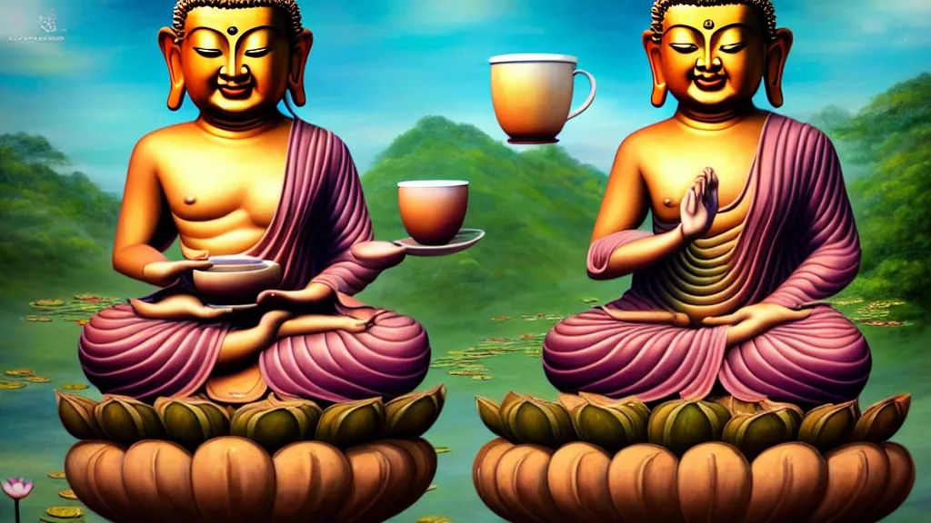 Image similar to a hyperdetailed painting of a happy buddha sitting on a lotus, one hand on his knee and the other hand holding a giant cup of coffee, ambient occlusion, 3 d model, quantum fractals, magic realism inspired by psychadelia and ancient architecture of thailand, trending on artstation,