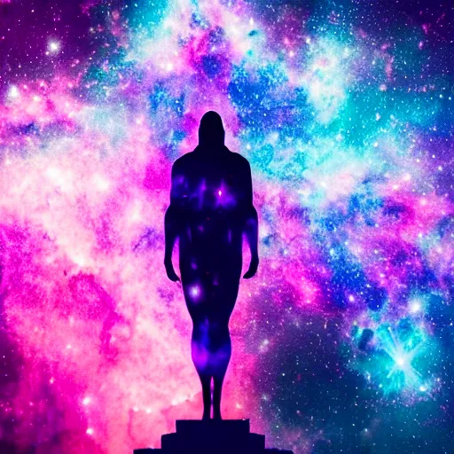 Image similar to a towering godlike apparition in the shape of a human, made of smoke and fog, backlit by pink, purple, red, blue neon lighting, nebulas, backround of stars and galaxies