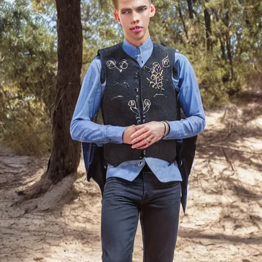 Image similar to Portrait photo of adult Austin Butler with exposed dark-hair head, dressed in grey-prussian blue Tudoresque-Gigeresque casual garb, and griffin-embroidered nanocarbon-vest, in an arena in Dune 2021, XF IQ4, f/1.4, ISO 200, 1/160s, 8K