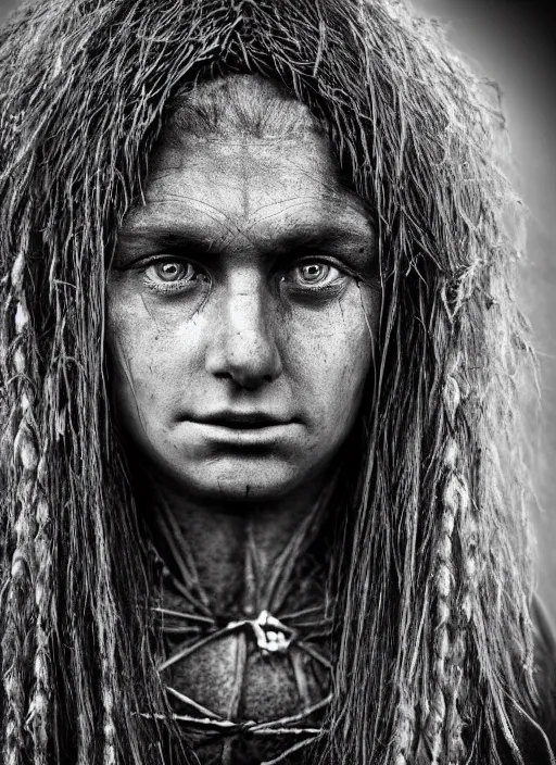 Image similar to Award winning Editorial photo of a medieval Native Female Liechtensteiners with incredible hair and beautiful hyper-detailed eyes wearing traditional garb by Lee Jeffries, 85mm ND 5, perfect lighting, gelatin silver process