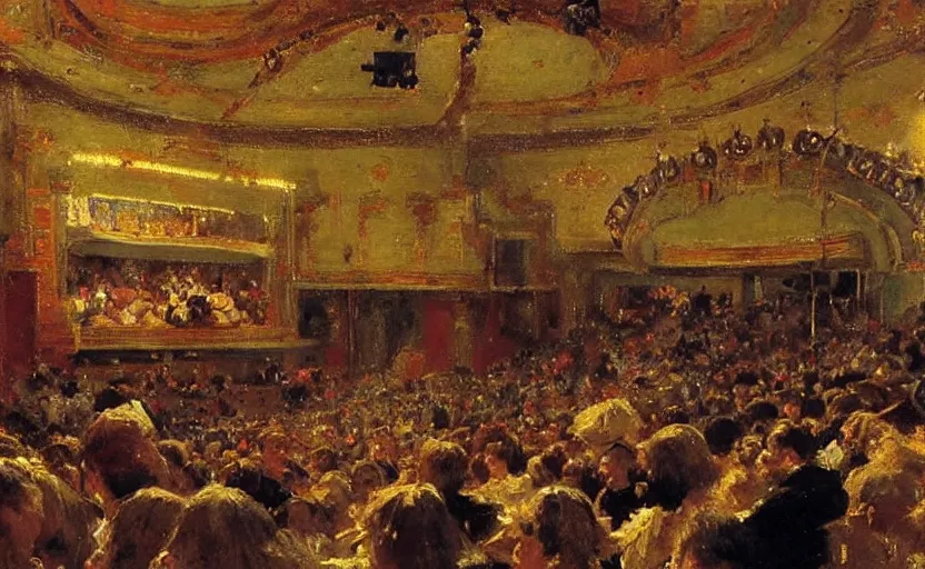 Prompt: high quality high detail painting by ilya repin, establishing shot of a theater show, hd