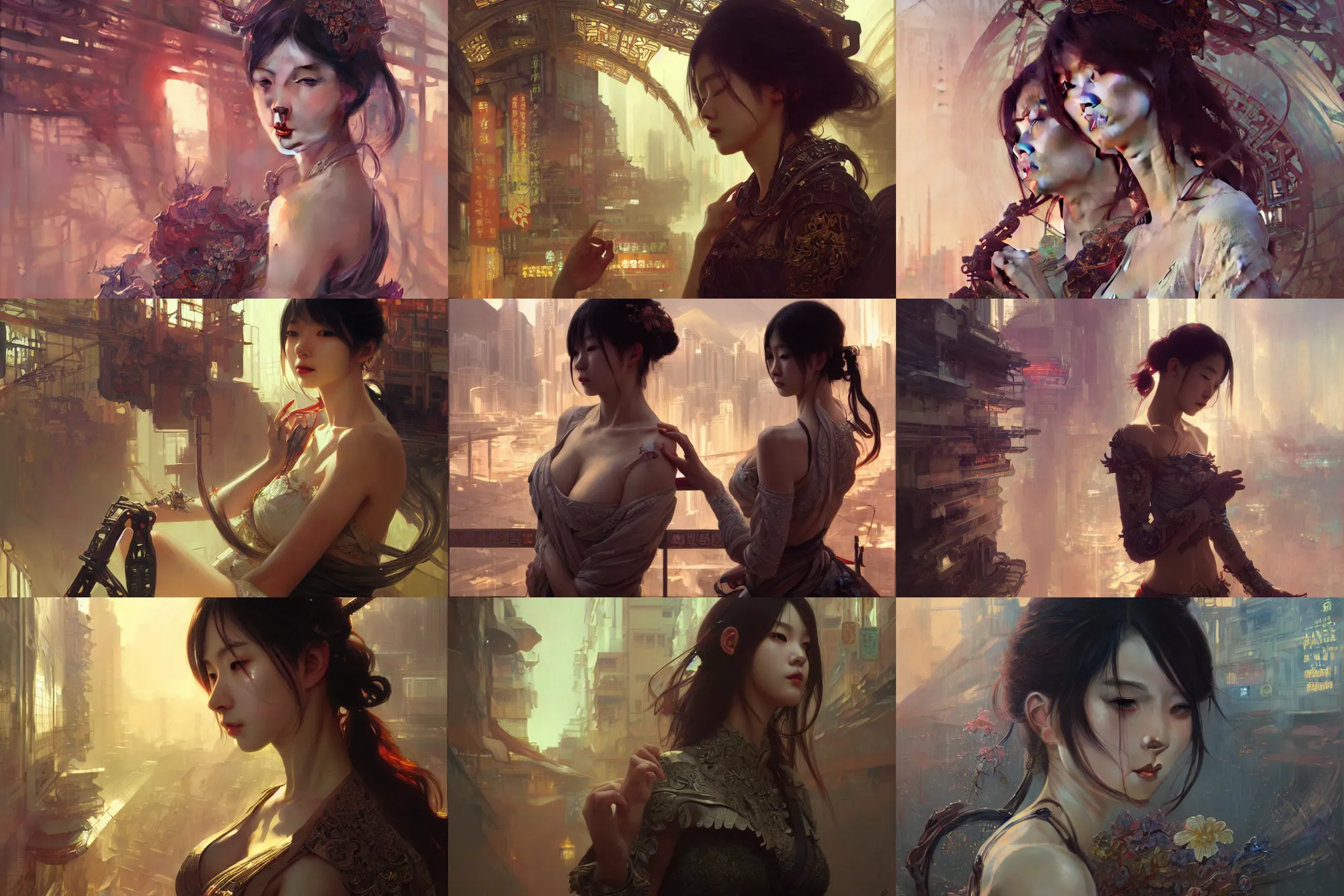 Prompt: ultra realistic beautiful kowloon techno art, beautiful alluring anime woman, gorgeous face and figure, sci - fi, intricate, elegant, highly detailed, digital painting, artstation, concept art, smooth, sharp focus, illustration, art by tian zi and yuxiang chen and alphonse mucha and greg rutkowski