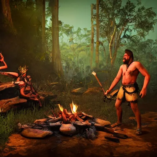 Image similar to spartan high on peyote at jungle campfire below full moon in the style of far cry primal and game of thrones, warm lighting, 8 k