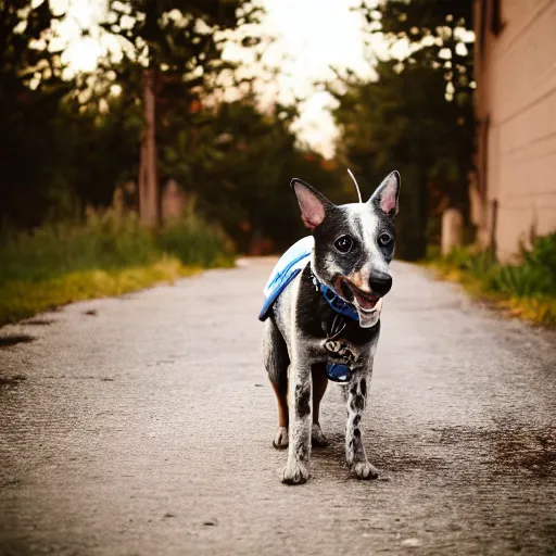 Image similar to blue heeler dog on a motorcycle, 8 k photography, blurred background of a wafflehouse