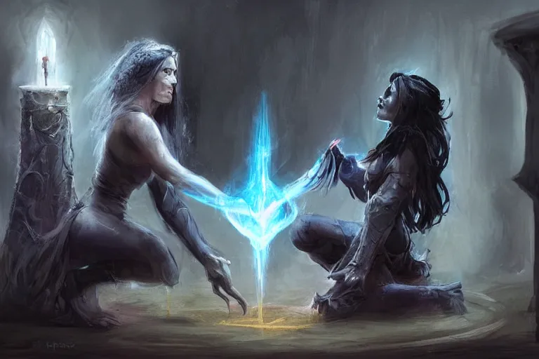 Image similar to the dark sorceress bestows her magic upon her disciple, which is kneeling in front of her, concept art, trending on artstatio HD