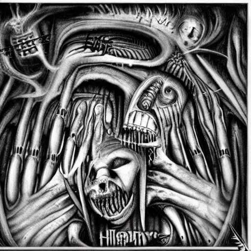 Image similar to birth of a calamity by H R Giger