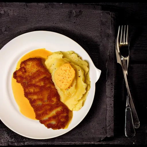 Prompt: schnitzel on orange gravy, mashed potatoes, Michelin star, award winning