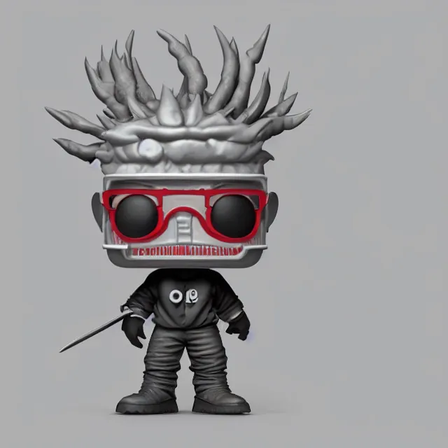 Image similar to noi from dorohedoro as a funko pop figure, grey background, studio lighting, octane render, detailed, smooth