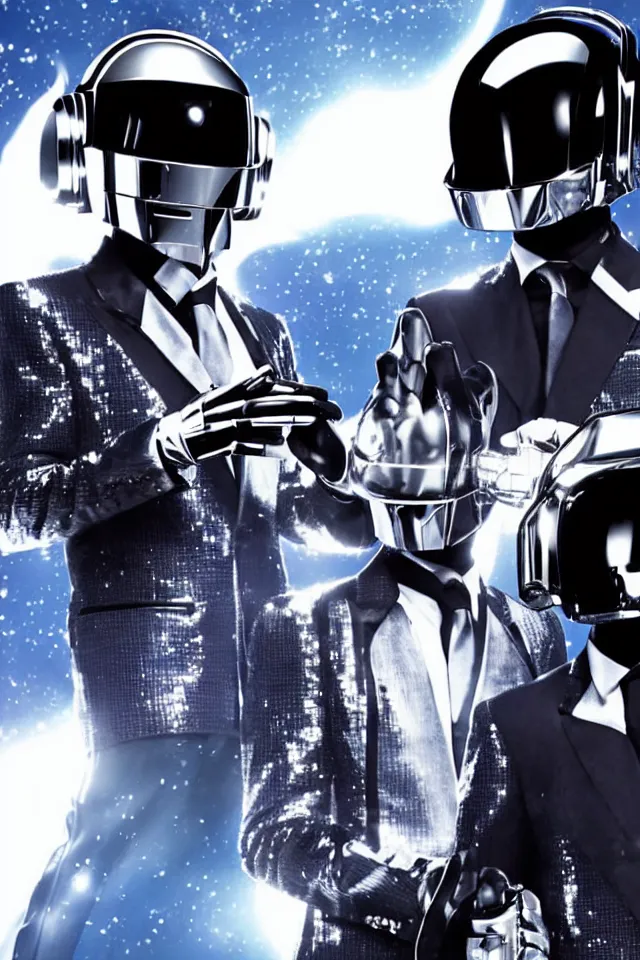 Image similar to The Daft Punk duo on top of a spaceship
