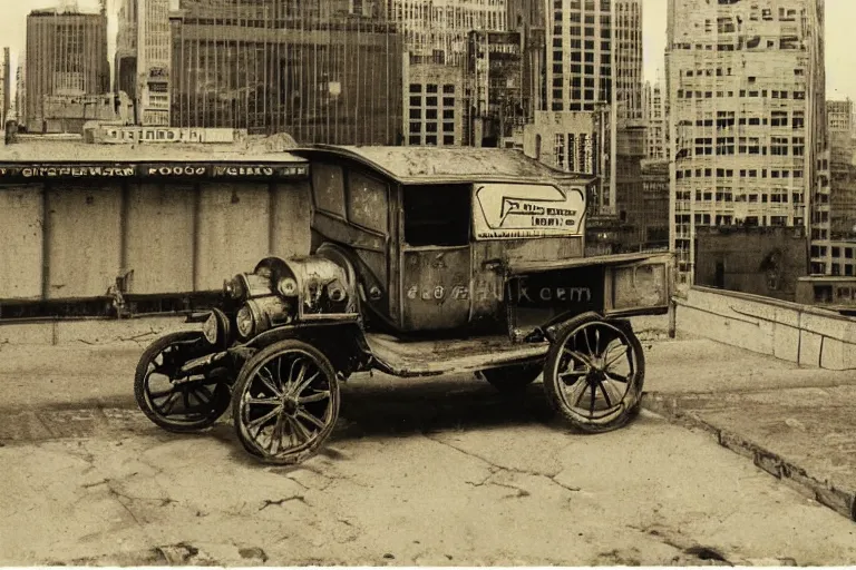 Prompt: cyberpunk 1 9 0 8 model ford t by paul lehr, metropolis, view over city, vintage film photo, scratched photo, scanned in, old photobook, silent movie, black and white photo