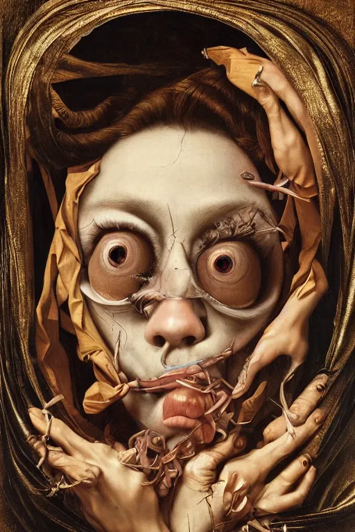 Image similar to Detailed maximalist portrait with large lips and with large wide eyes, surprised expression, surreal extra flesh and bones, HD mixed media, 3D collage, highly detailed and intricate, illustration in the golden ratio, in the style of Caravaggio, dark art, baroque