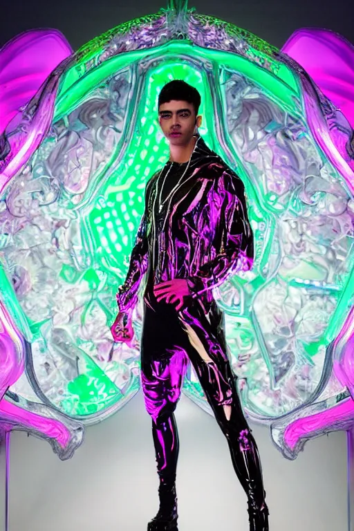 Prompt: full-body baroque and cyberpunk style neon and glass statue of a attractive muscular Joe Jonas as a humanoid deity wearing a thin see-through plastic hooded cloak sim roupa, posing like a superhero, glowing pink face, crown of white lasers, large diamonds, swirling black silk fabric. futuristic elements. oozing glowing liquid, full-length view. space robots. human skulls. throne made of bones, intricate artwork by caravaggio. Trending on artstation, octane render, cinematic lighting from the right, hyper realism, octane render, 8k, depth of field, 3D