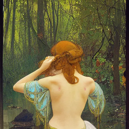 Prompt: a beautiful painting of the back view of a young lady washing her long hair by the river in a grown forest, sunlight reflected on the river, by Mucha