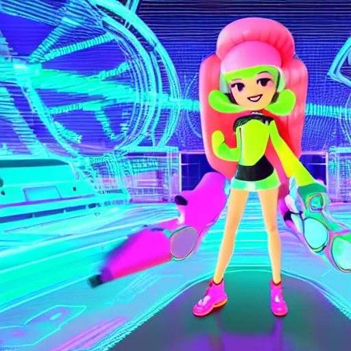 Image similar to Marina from Splatoon wearing a Tron style dress, Tron city background, digital art