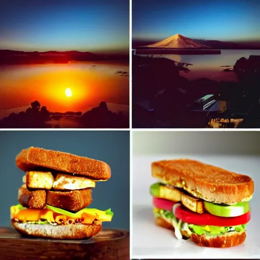 Image similar to one sandwich with fried tofu, one tomato slice, mayonaisse, one onion ring, avocado, melted cheddar, over a red dish that is on a table, with a sunset and rainbow in the background with saturn and stars in the sky