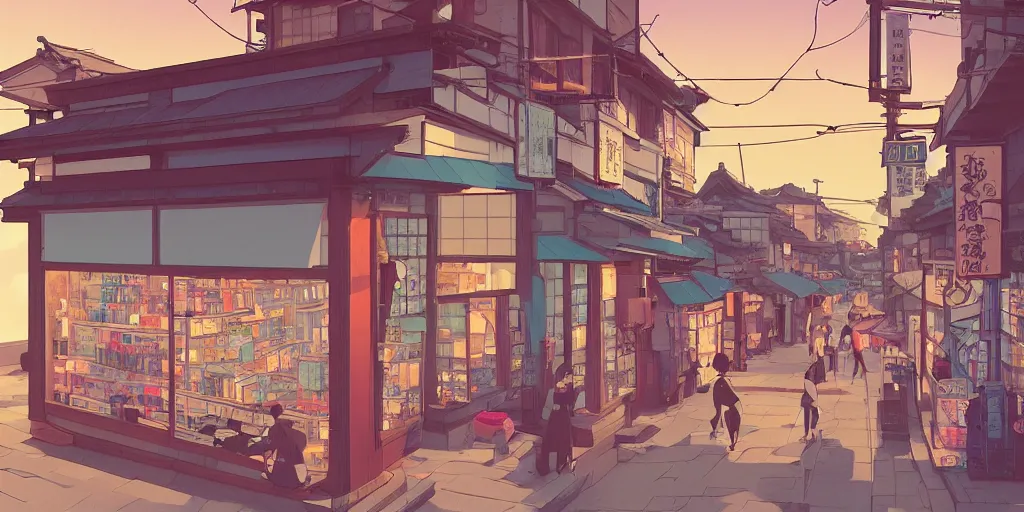 Prompt: beautiful illustration of a small shop window in kyoto on a beautiful sunset, anime manga style, aesthetic, cory loftis, james gilleard, atey ghailan, makoto shinkai, goro fujita, studio ghibli, makoto shinkai, view isometric drone