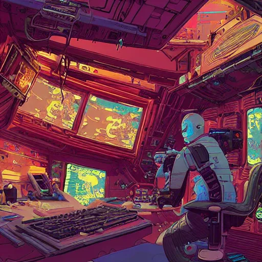 Image similar to cyberpunk explorer playing video games in his treehouse, highly detailed, 4k, midnight, by Victo Ngai and James Gilleard , Moebius, Laurie Greasley