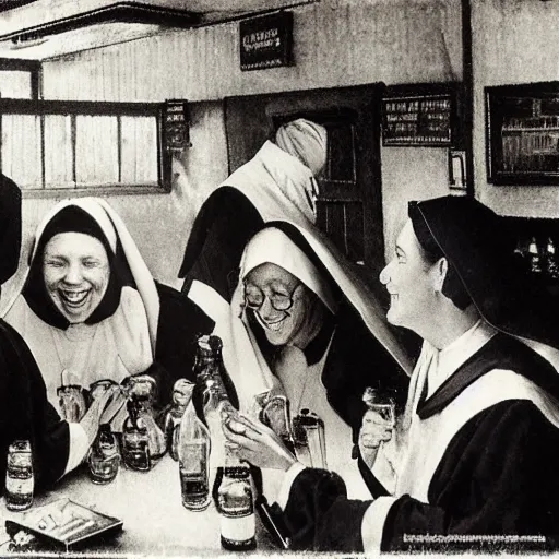 Image similar to a group of nuns enjoying themselves at a dive tavern, low light, Smokey haze above, whiskey bottles, by Norman Rockwell