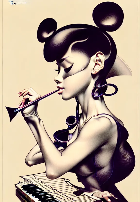 Prompt: ' mousey woman studying jazz music ', beautiful shadowing, 3 d shadowing, reflective surfaces, illustrated completely, 8 k beautifully detailed pencil illustration, extremely hyper - detailed pencil illustration, intricate, epic composition, masterpiece, bold complimentary colors. stunning masterfully illustrated by artgerm, range murata, alphonse mucha.