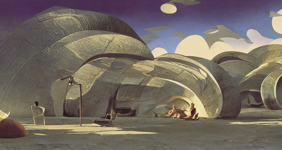 Image similar to a giant seashell house in the middle of nowhere, cinematography by syd mead, gregory crewdson, moebius, j. h. williams iii