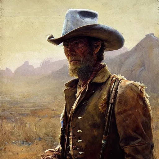 Image similar to Solomon Joseph Solomon and Richard Schmid and Jeremy Lipking victorian genre painting portrait painting of Clint Eastwood a rugged cowboy gunfighter old west character in fantasy costume, rust background