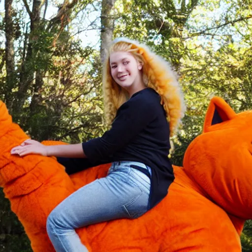 Prompt: teenaged blonde girl riding a large orange maine cat dressed as warriors