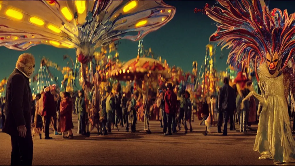 Prompt: the strange creature at the carnival, , film still from the movie directed by Denis Villeneuve with art direction by Salvador Dalí, wide lens