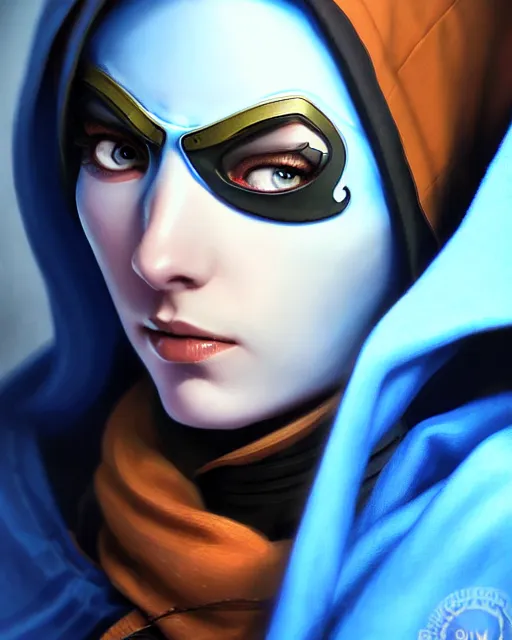 Image similar to ana from overwatch, blue hooded cloak, eye patch, character portrait, portrait, close up, highly detailed, intricate detail, amazing detail, sharp focus, vintage fantasy art, vintage sci - fi art, radiant light, caustics, by boris vallejo