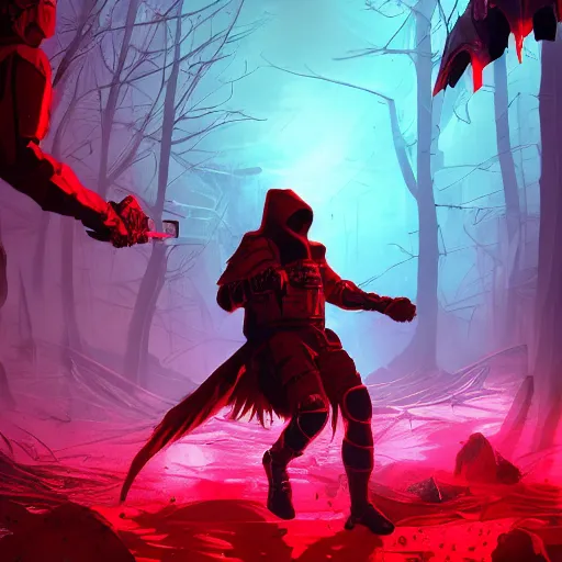 Prompt: tactical combat squad in red hoods fighting otherworldly monsters between the mystical foggy swamp. Style as if Dan Mumford and Tsutomu Nihei make game in Unreal Engine, photorealism, colorful, finalRender iridescent fantasy concept art 8k resolution concept art ink drawing volumetric lighting bioluminescence, plasma, neon, brimming with energy, electricity, power, Colorful Sci-Fi Steampunk Biological Living, cel-shaded, depth, particles, lots of reflective surfaces, subsurface scattering